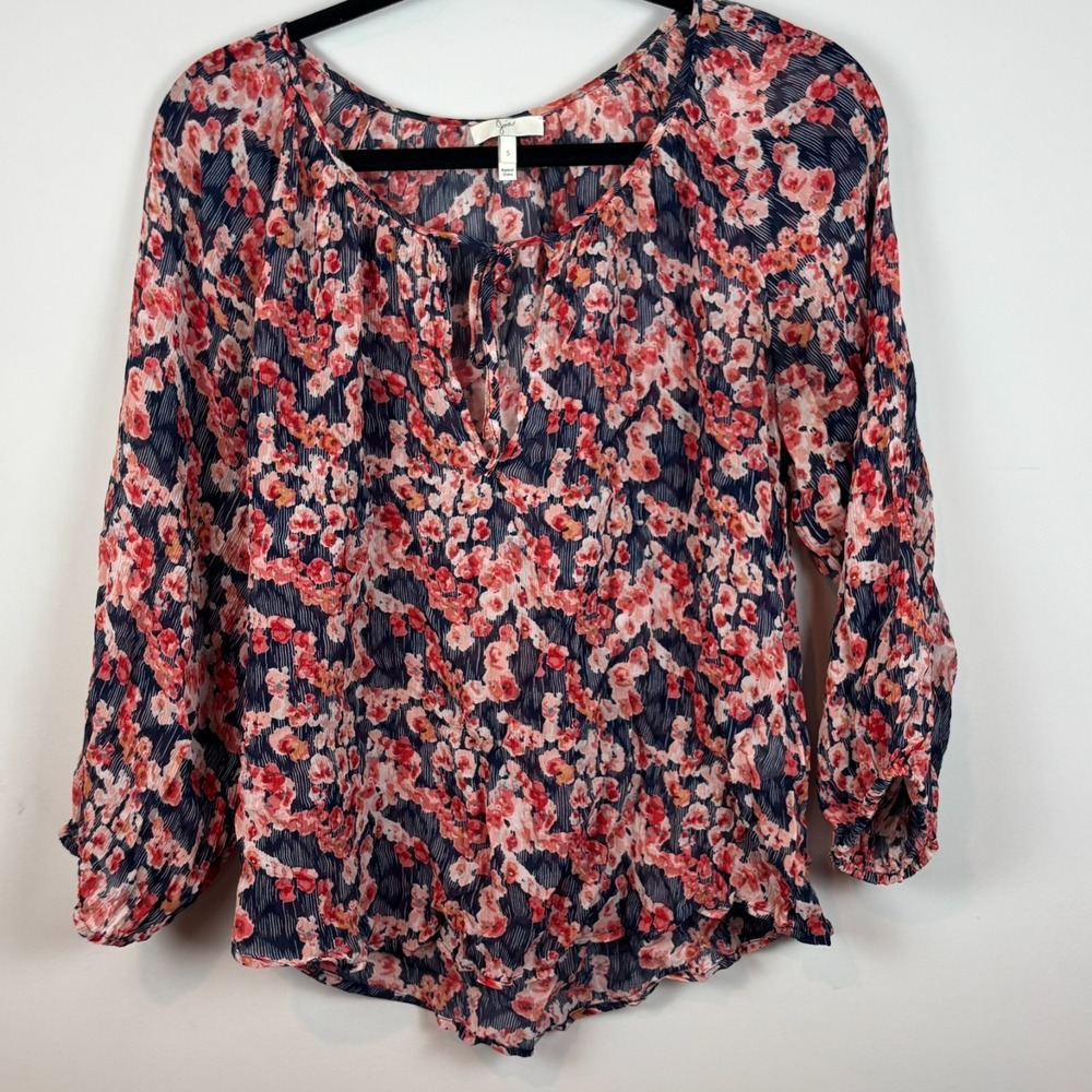 Joie‎ Pink Floral Watercolor Bubble Sleeve 100% Silk Sheer Blouse Womens SM Boho
